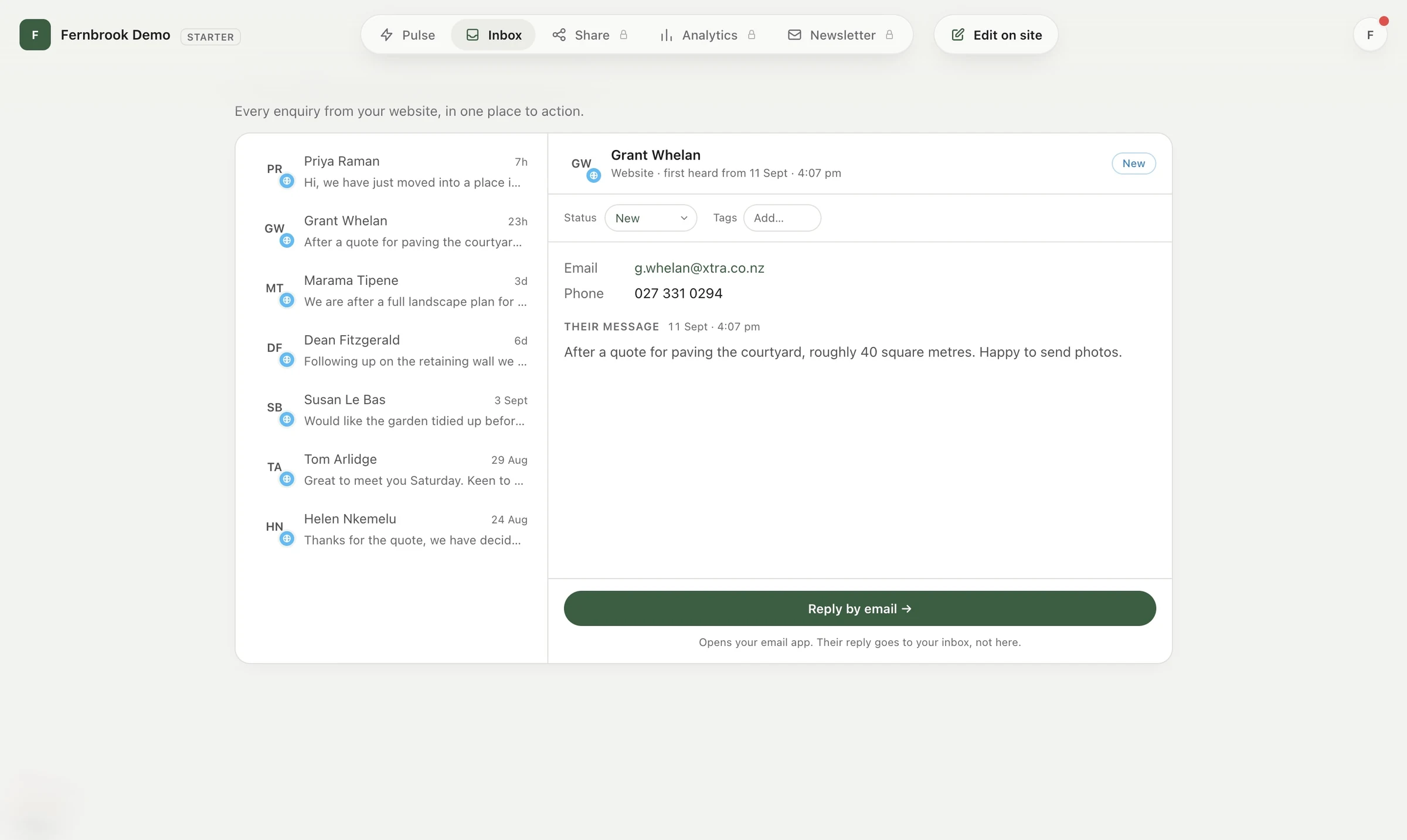 The Pubd inbox, showing website enquiries threaded by person
